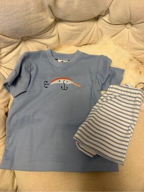 Light Blue Short-Sleeve Kids Pajama Set with Striped Shorts